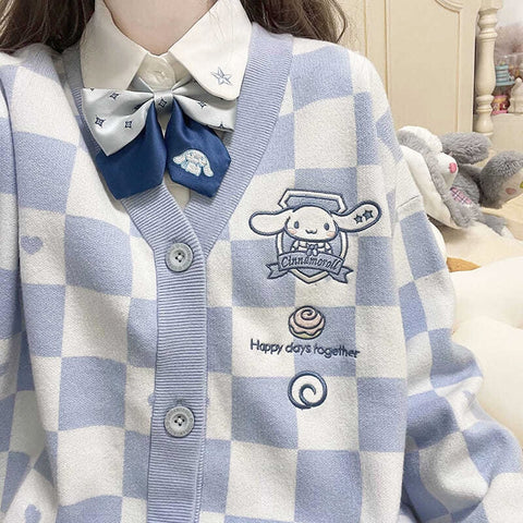 Student Checkerboard Sweater Casual  Cinnamoroll Girl